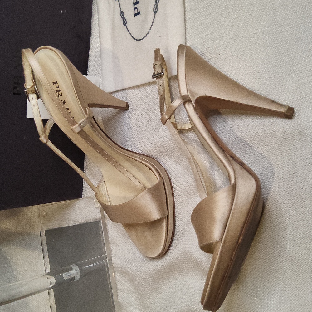 Prada Raso Sabbia champagne satin platform peep toe sandals pumps heels shoes - Picture 8 of 9